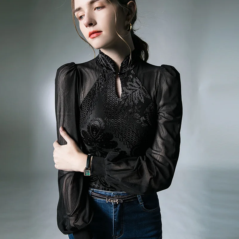 

2025 Women Lace T Shirt Thin lantern floral Long-Sleeved French Female see-through Blouses Mesh Turtleneck Elastic autumn Lady