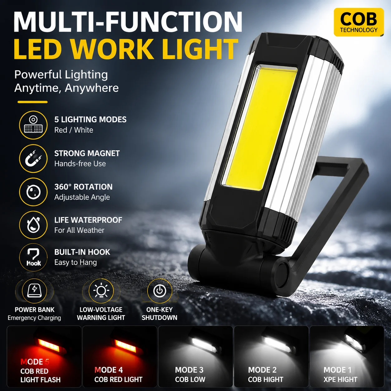 LED Work Light Rechargeable Flashlight COB Lamp Magnetic Portable Torch 5 Lighting Modes 360° Rotation Hook Camping Emergency Li