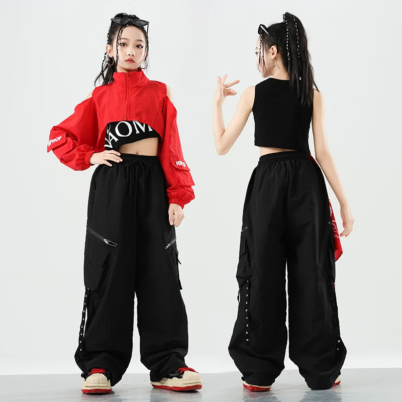 Conjuntos de ropa de baile de Jazz para niñas, trajes de Hip Hop, Tops cortos rojos Kpop, pantalones negros, ropa de calle moderna, ropa para actuación en escenario de grupo
