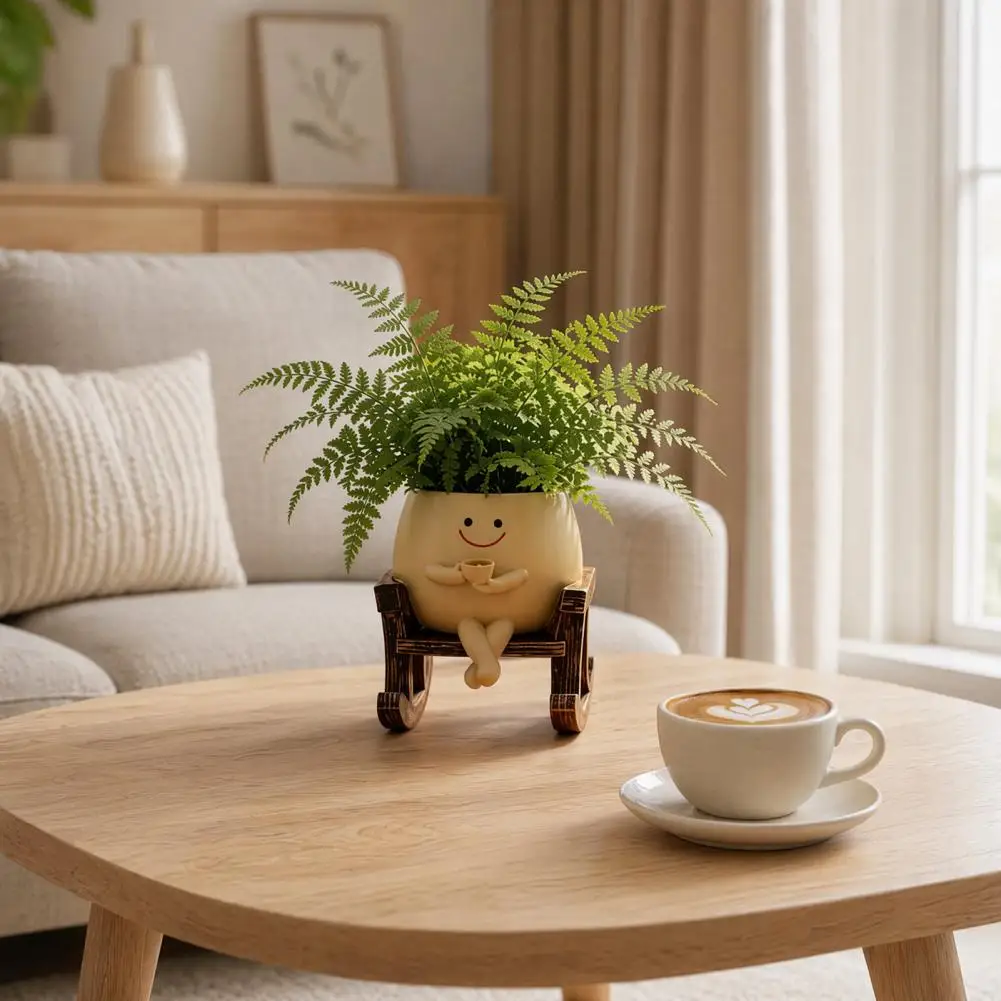 Cute Rocking Chair Head Planters Smile Face Succulents Flower Pots Indoor Outdoor Drainage Hole Gift Plant Supplies