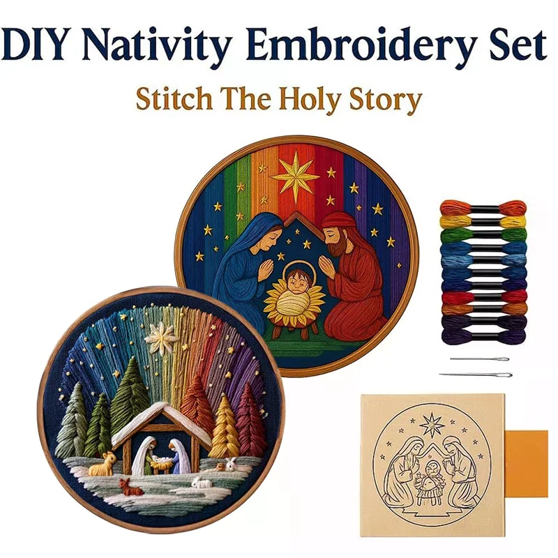 Kit de bordado de escenas de Natividad personalizable: juego de manualidades navideñas, paquete completo de muñecas de bordado DIY