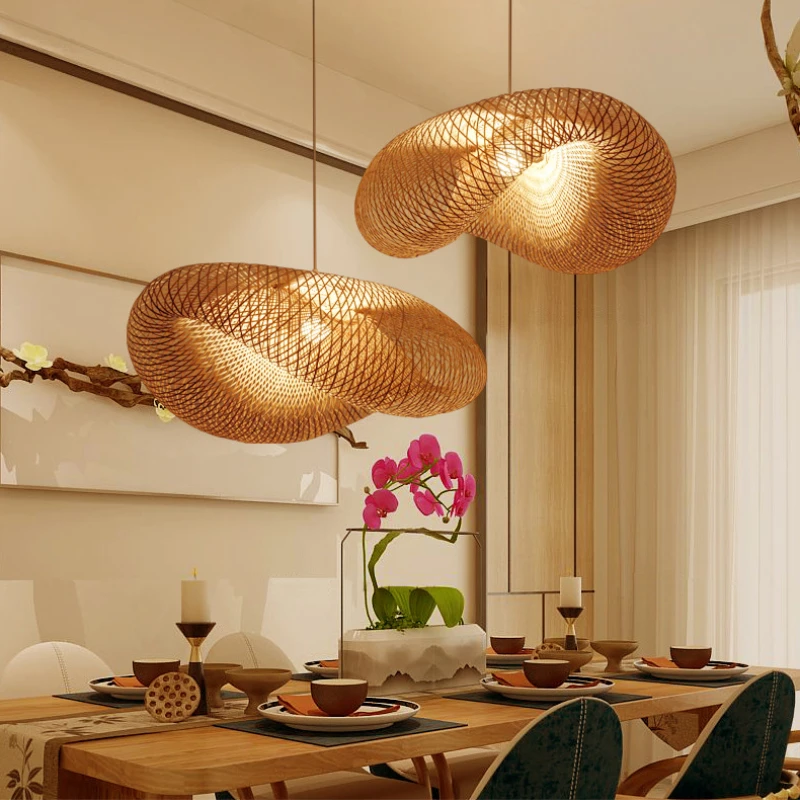 New Chines Style Bamboo Woven Chandelier Tea Room Creative Corridor Bedroom Restaurant Straw Hat  Art LED Lighting Fixture