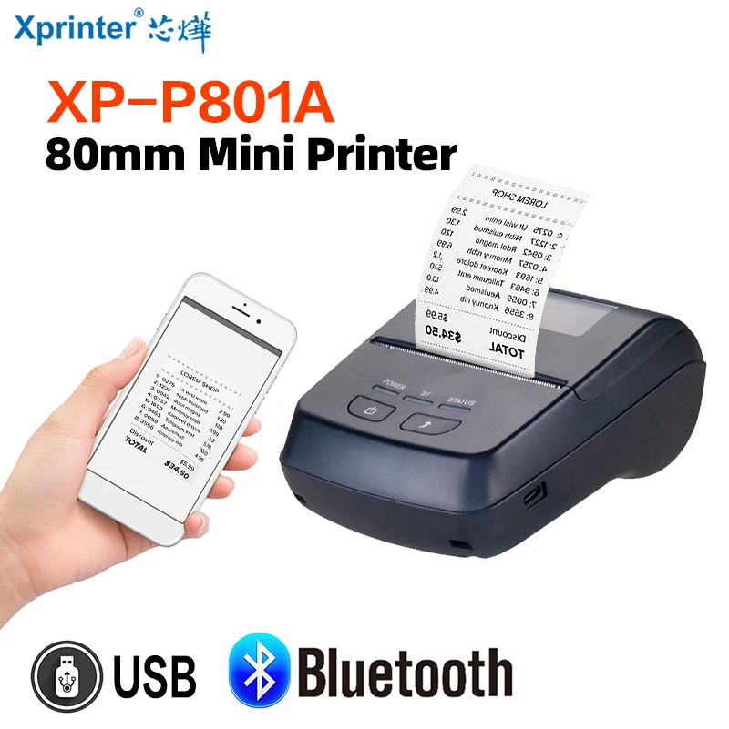 Xprinter 미니 무선 휴대용 영수증 열전사 프린터, 80mm 열전사 블루투스 휴대폰, 안드로이드 POS PC 포켓 빌 