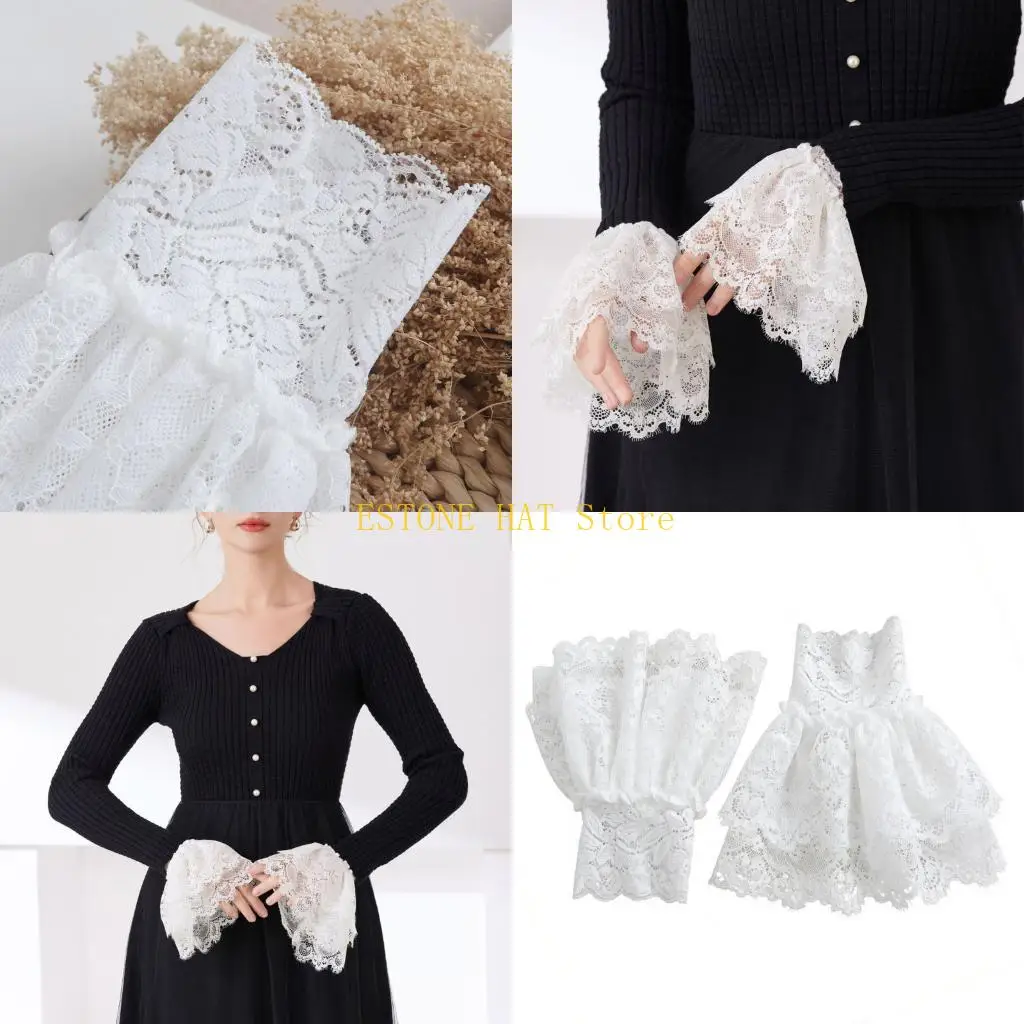 49MF Detachable White Lace Arm Covers Cuffs Sleeves for Women Embroidered Sleeve Trim Pair for Office Gatherings and Daily