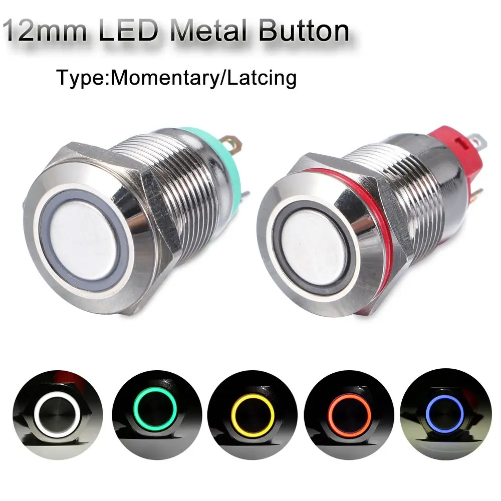 New Push 3V 5V 9V 12V 24V 110V 220V LED Momentary/Latching Metal Button Switch 12mm