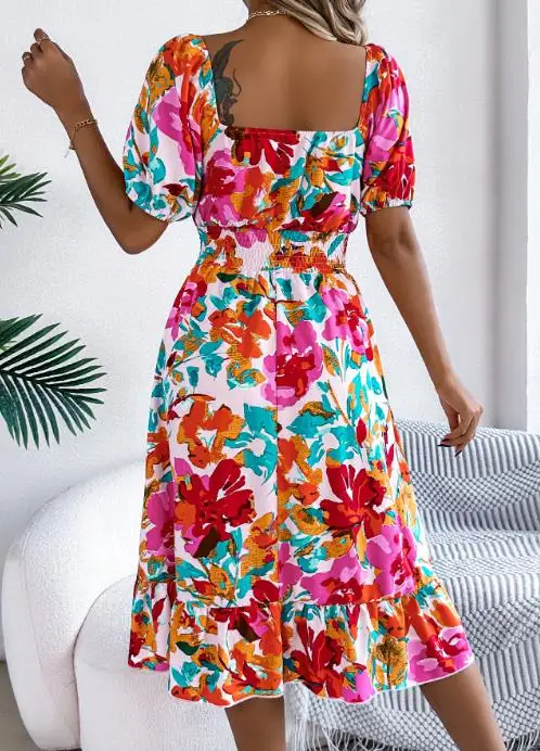 

2025 Summer Casual Square Neck Short Sleeved Ruffle A-Line Skirt for Women, Elegant Bubble Sleeves, Waist Cinched A-Line Dress