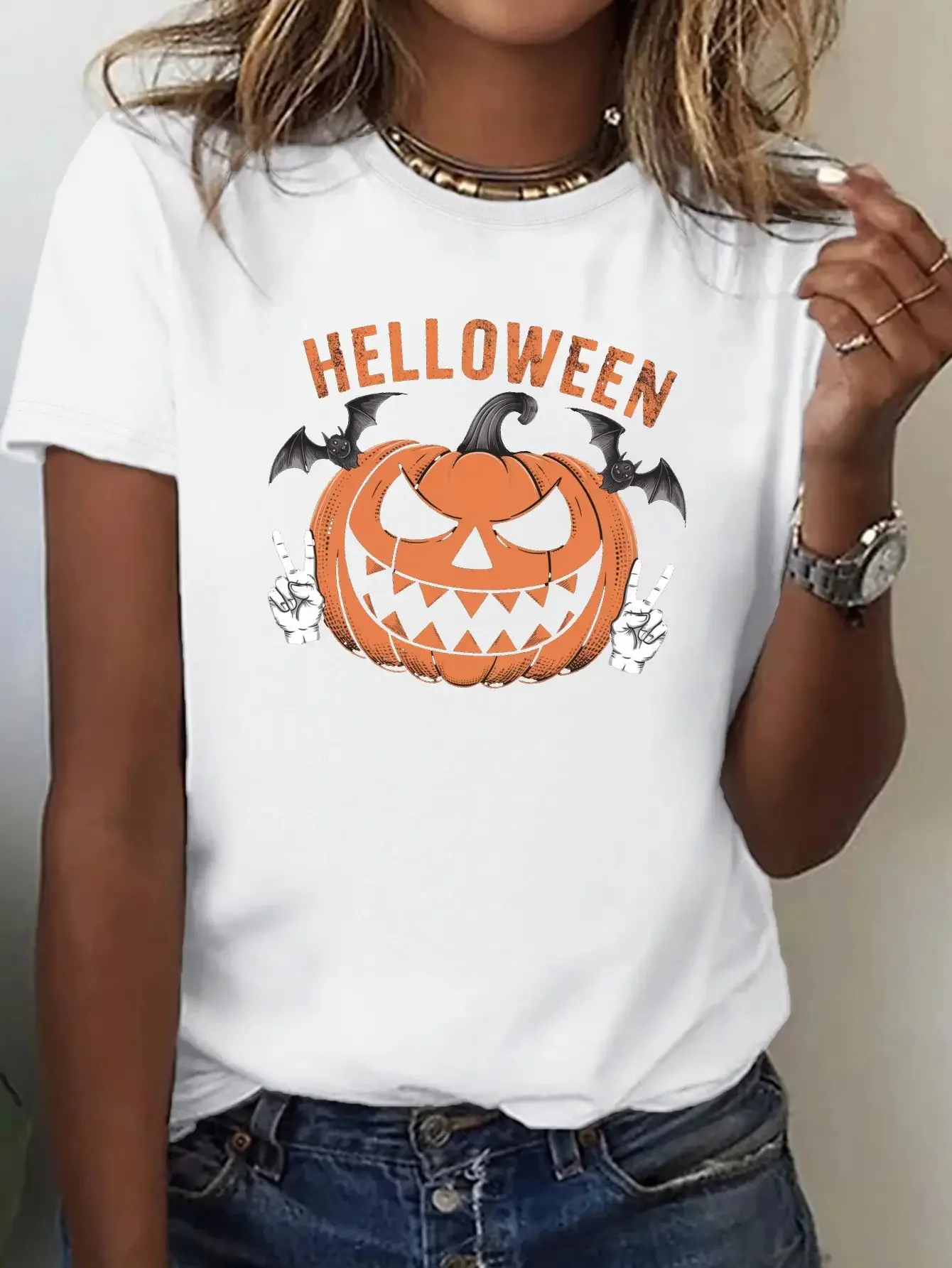 Women's White Halloween T-Shirt Costume Sleeve Pure Top with 