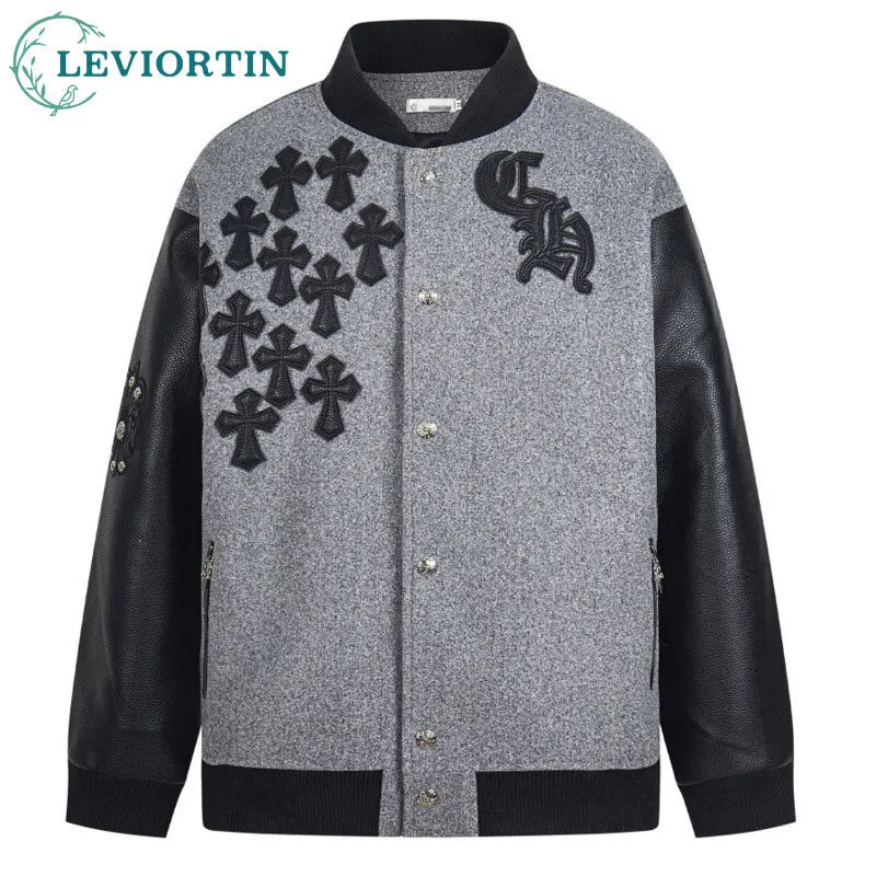 

Men's autumn and winter dark cross leather embroidered loose baseball jacket with PU leather sleeves and stand up collar