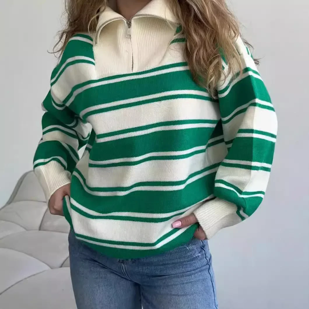 Europe and America Half Zip Lapel Stripe Pullover Sweater, Autumn and Winter New Spell Color Stripe Long-sleeve Sweater Women