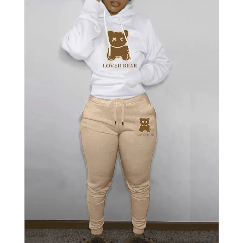 2 Piece Set Women Outfit Letter Bear Print Hooded Neck Hoodies Sweatshirt Pants Tracksuit 2024 Plus Size Streetwear Casual Suit