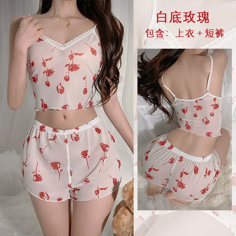 메쉬 슬립웨어, 여성용 에로틱 캐미솔 반바지, 귀엽고 섹시한 홈웨어, 인터넷 유명 핫 아이템 세트