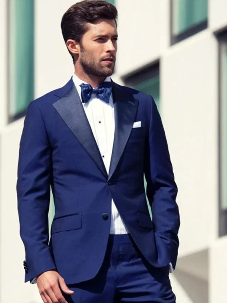 

2024 Blue 2 Piece Slim Fit Men Suit Formal Wedding Groom Tuxedo Prom Peak Lapel Blazer Hombre High Quality Custom Jacket Pant