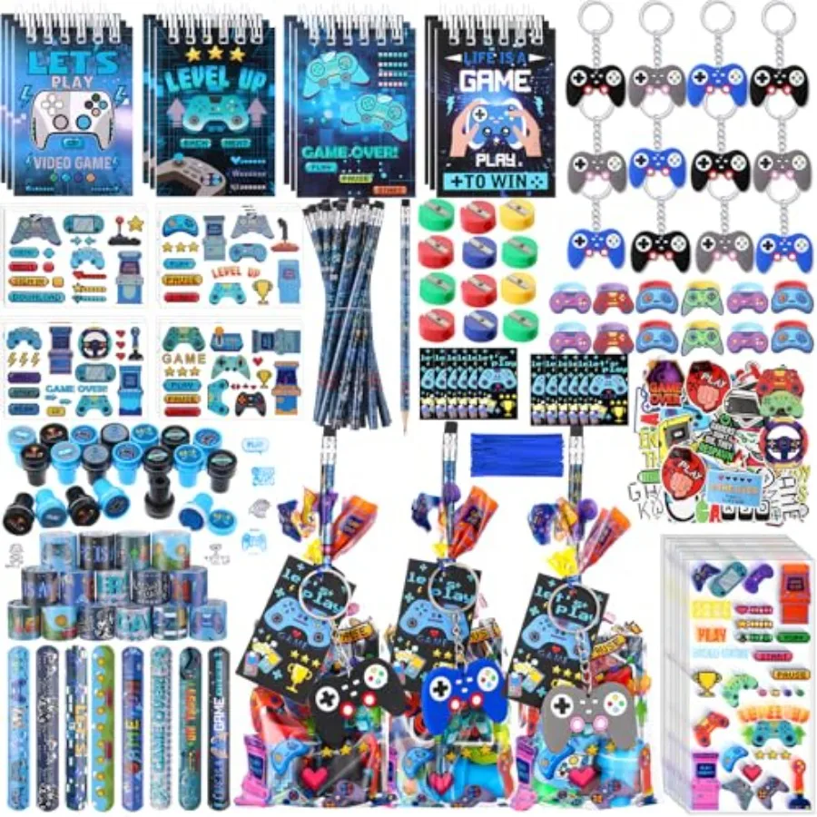 

Набор крутых сувениров для вечеринки в стиле видеоигр: подарочные пакеты, карандаши, блокнот, точилка, браслеты-слэпы, кольца, брелоки, игровые татуировки