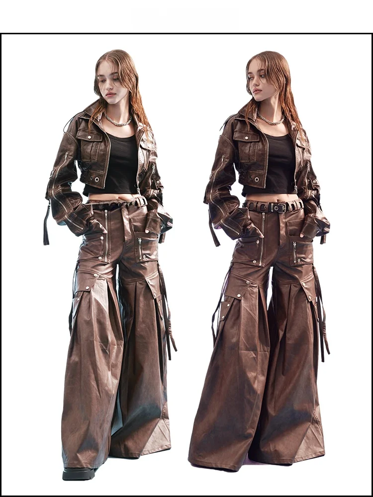 

Heavy Industry Retro PU Leather Pants Loose Wide Leg Women's Casual Trousers Spring Summer New Sle l Waist Long Pants