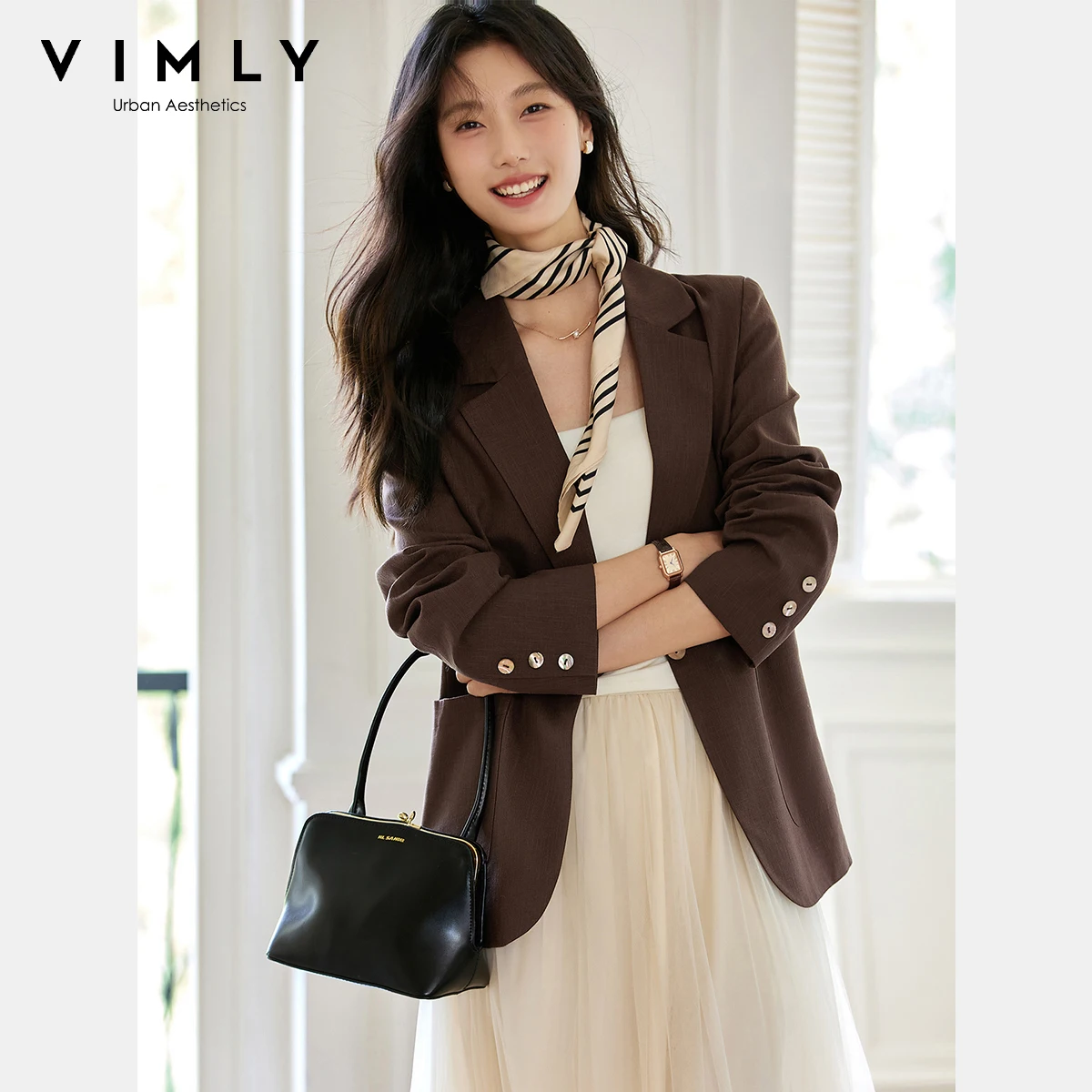 VIMLY 여성용 브라운 텍스처 자켓 코트 가을 2025 캐주얼 오버사이즈 노치드 여성 블레이저 여성 오피스룩 블레이저 여성용 A2193