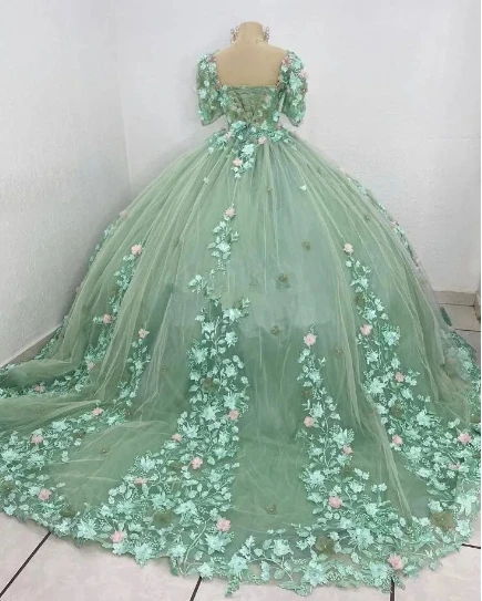 Vestidos princesa Quinceanera, Floral verde menta, Applique 3D, manga curta, licença, vestido de baile com renda, 15 anos