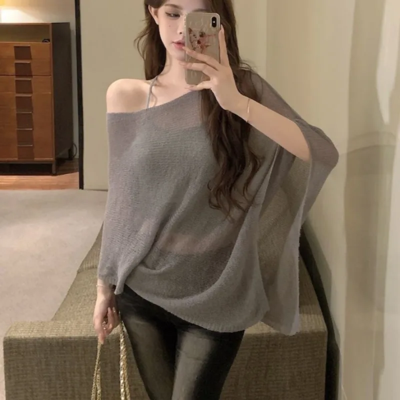 Irregular Knitted Pullovers Women Korean Clothing Slant Shoulder Seethrough Sexy Mujer Loose Cozy Retro Casual Summer Holiday