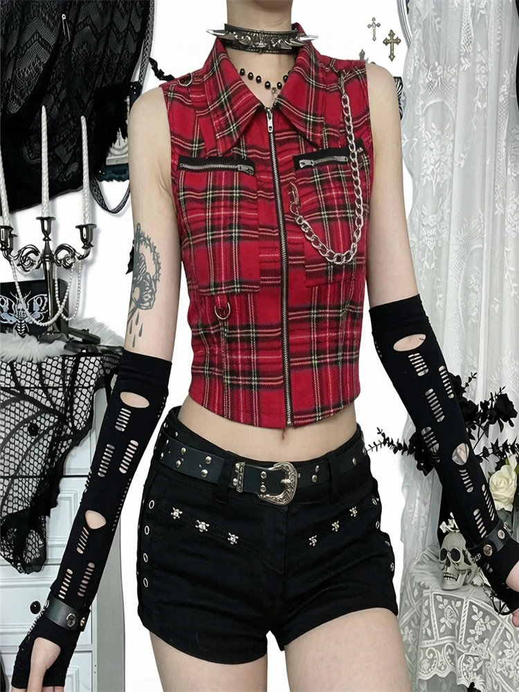 Retro Sweet and Spicy Hot Girl's Word-neck Vest Top Female Plaid Back Zipper Short Slim Vest Europe and America Cross-border