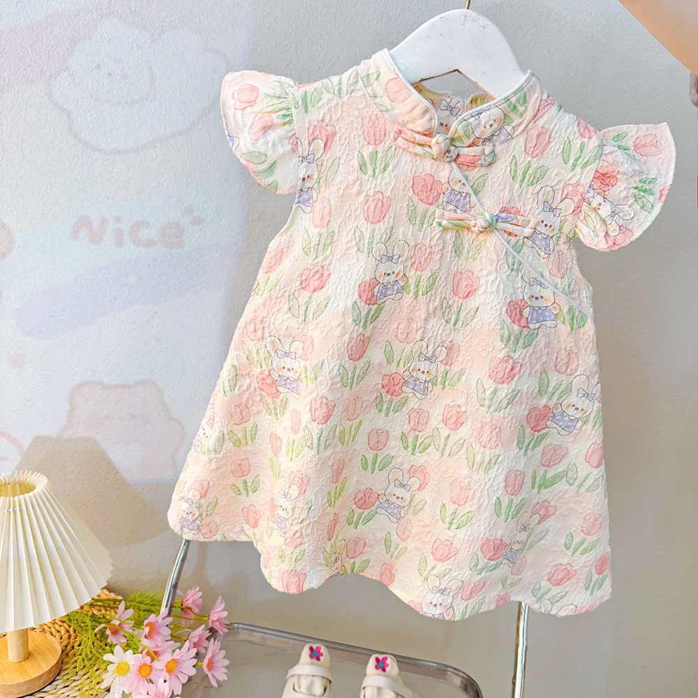 (0-3 Years Old) Summer Baby Girl Cute Tulip Bunny Flying Sleeve Qipao Dress For Girls Chinese Style Hanfu Dress