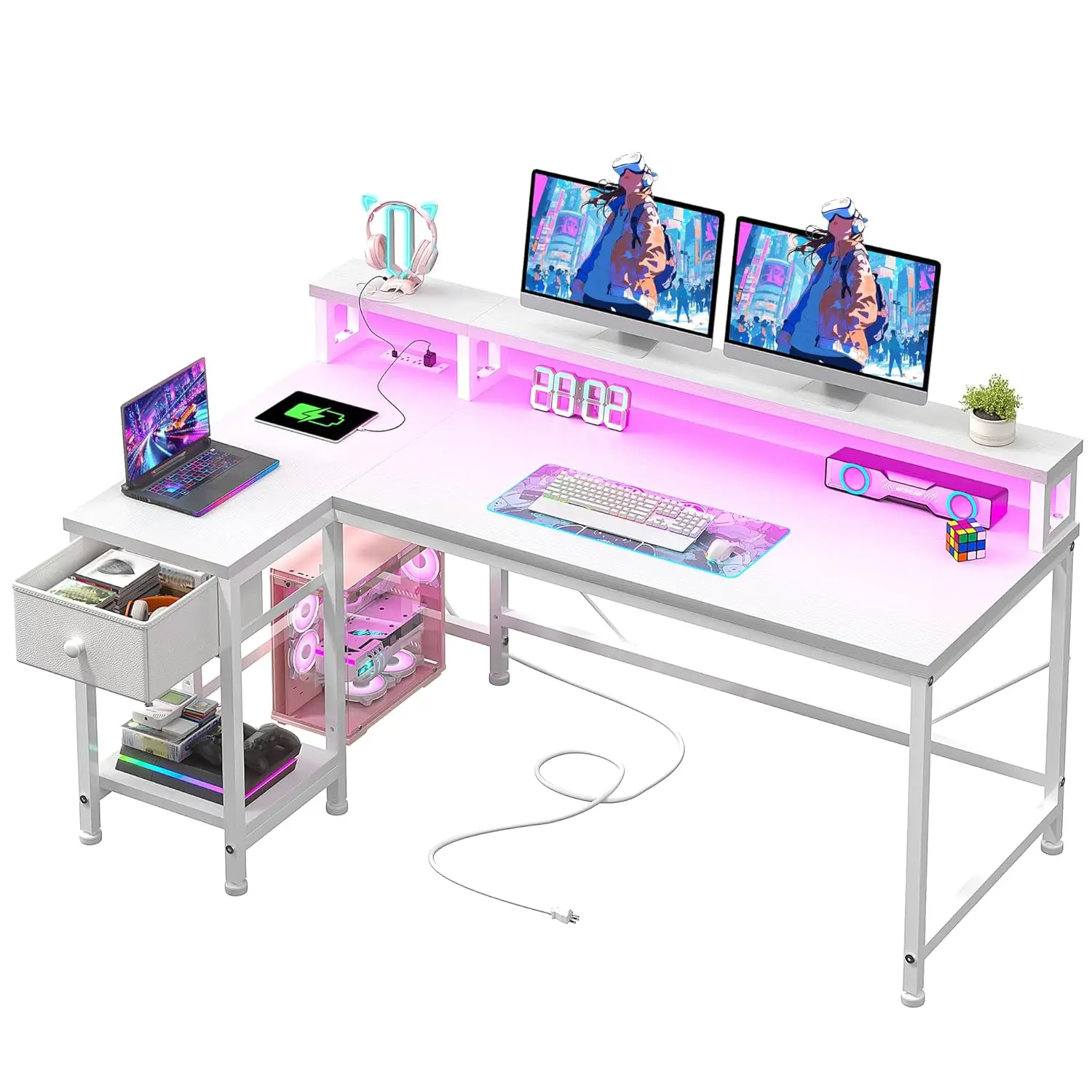 

White L Shaped Computer Desk Drawers Monitor Stand LED Power Outlet Small Office Study Bedroom 48in, Customized