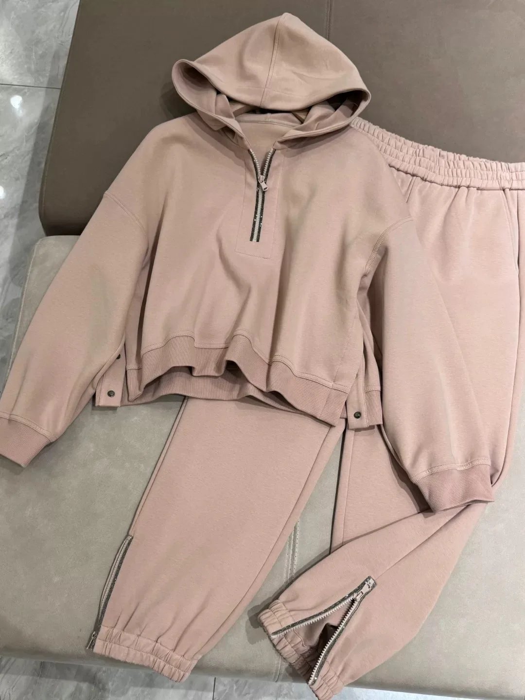 Herbst Winter Damen Perlen Reiß verschluss Hosen Anzug elastische Taille Hose und Langarm Hoodies lässig weiblich Set