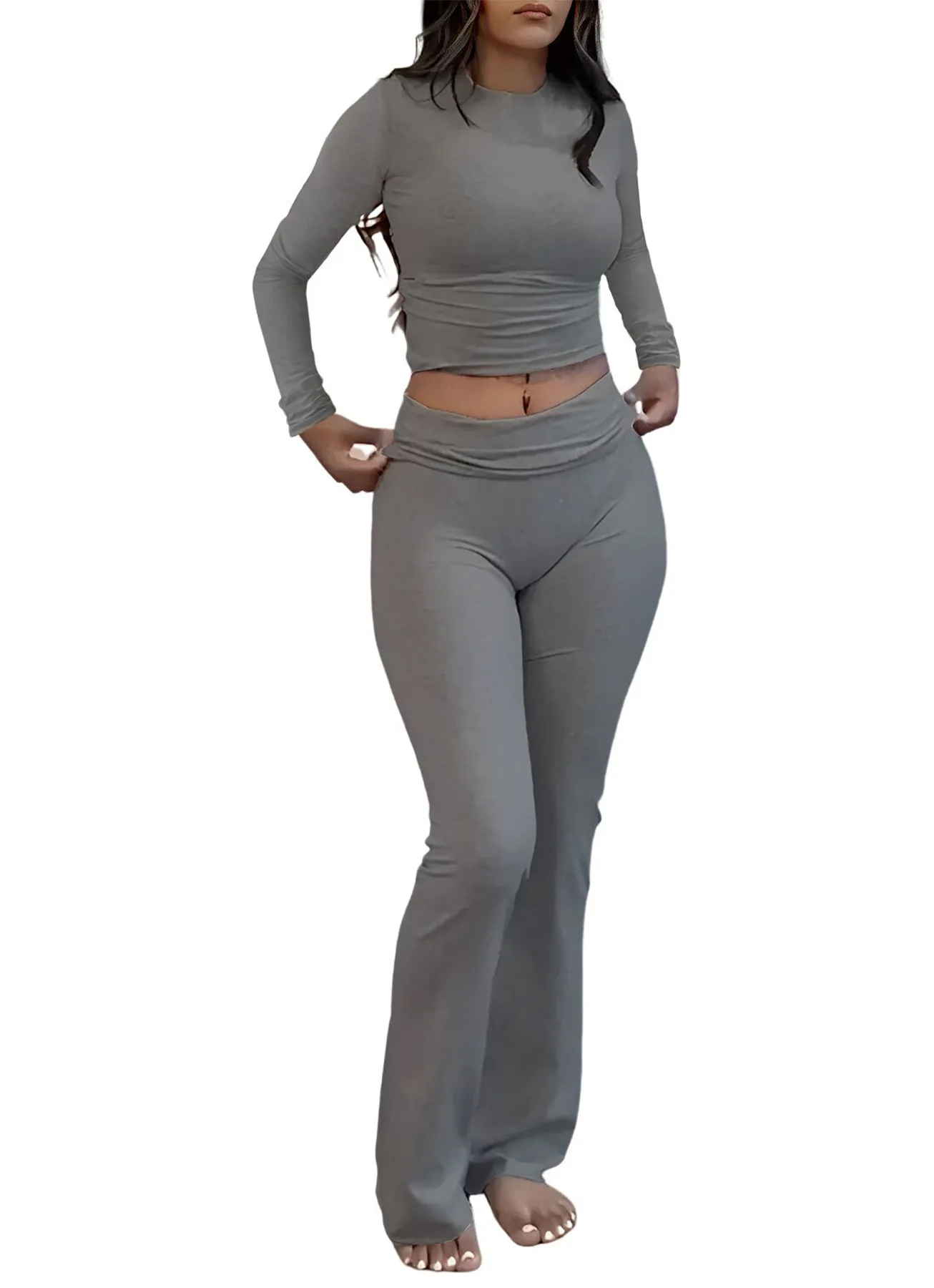 Women's Round Neck Long Sleeve And Low Waist Flared Pants Tracksuits Two-Piece Set