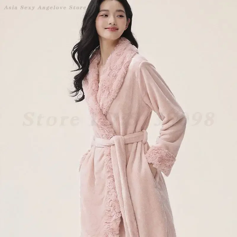 

Female Coral Fleece Bathrobe Thicken Flannel Women's Robe Sleepwear Kimono Warm Homewear Autumn Winter Loose Nightgown Nightwear
