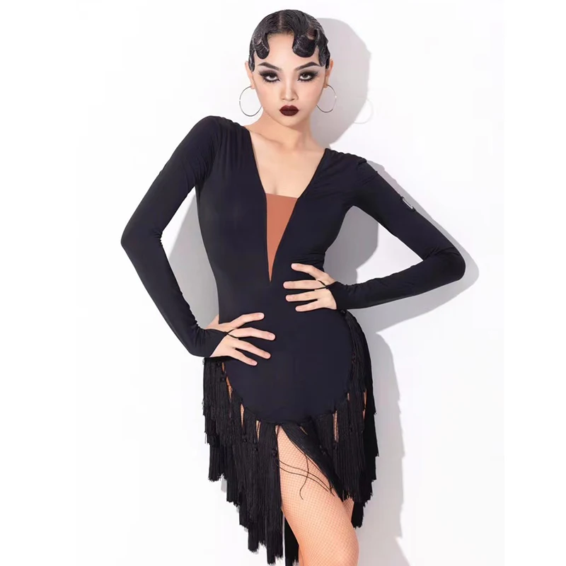 New Sexy Latin Dance Fringed Dress For Women Long Sleeved Practice Clothes High-End Latin Dance Competition Clothing DW080