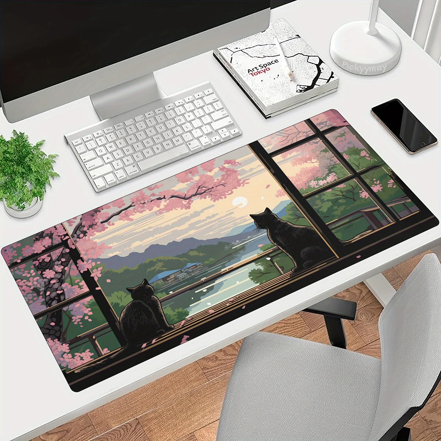 Podkładka pod mysz z motywem kwiatu wiśni i czarnego kota, duża mata na biurko z obszytymi krawędziami, gumowa antypoślizgowa podkładka pod klawiaturę, akcesoria do komputera, mata do gier.