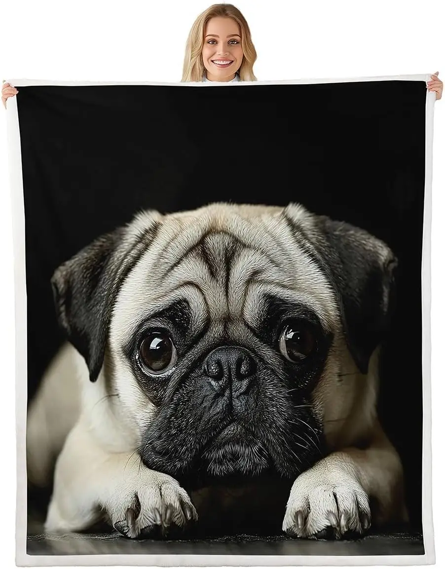 Cute Pug Dog Close Up Portrait Black Background Flannel Throw Blanket, Soft Warm Sofa Cover, Pet Gift For Bedroom Daily Rest Use