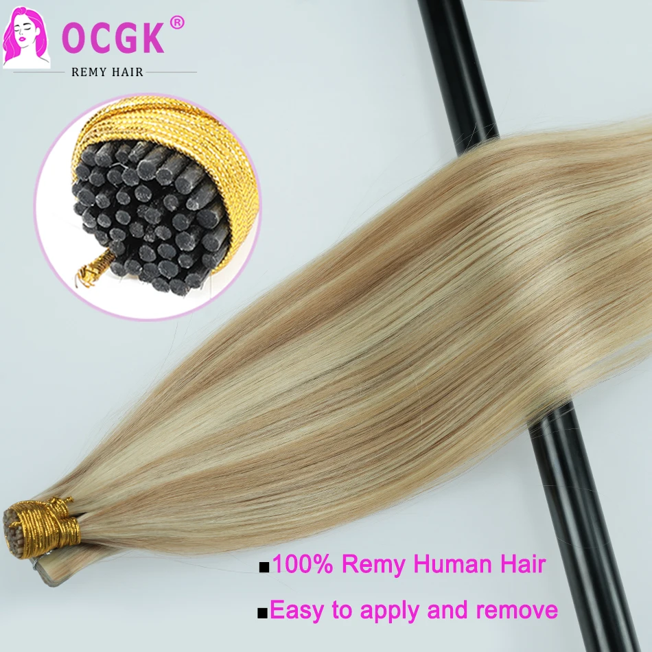 P18/60 Straight I Tip Hair Extentions Highlight Medium Brown Platinum Blonde Human Hair Fusion I Tip Extentions 1g/s 12-26Inch