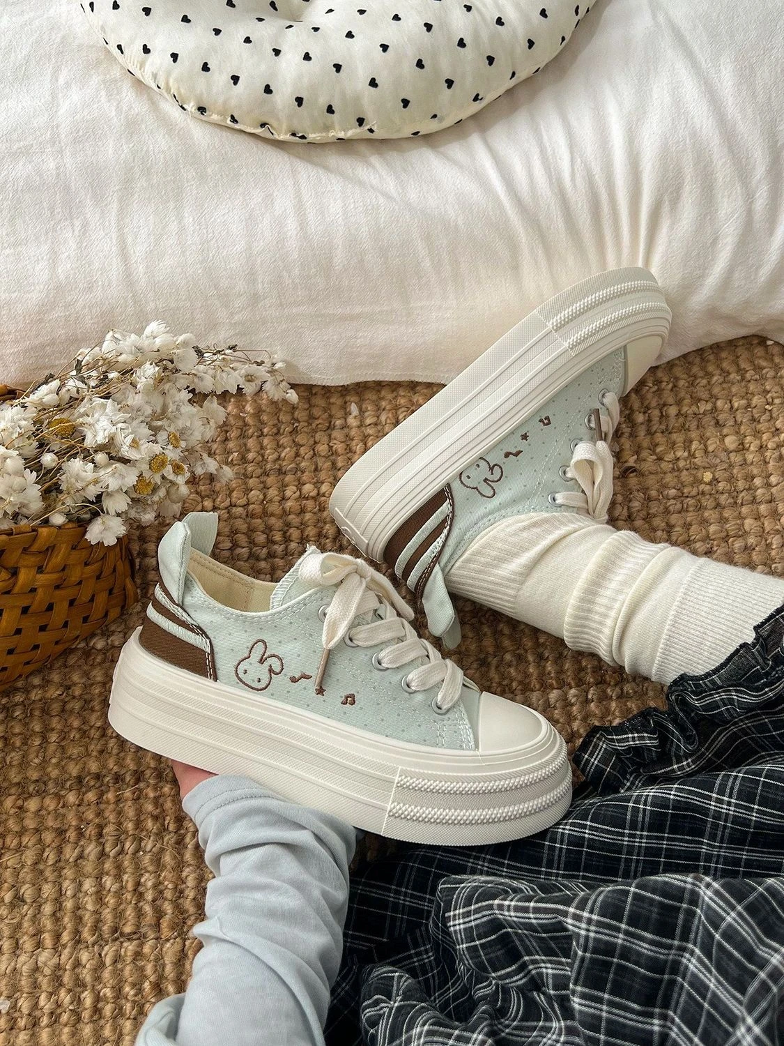 Teen Campus Milky White Canvas Sneakers Damen Chunky Plimsolls Lovely Rabbit Elevated Shoes Woman Atmungsaktive Schnür-Sneaker – Detail 8