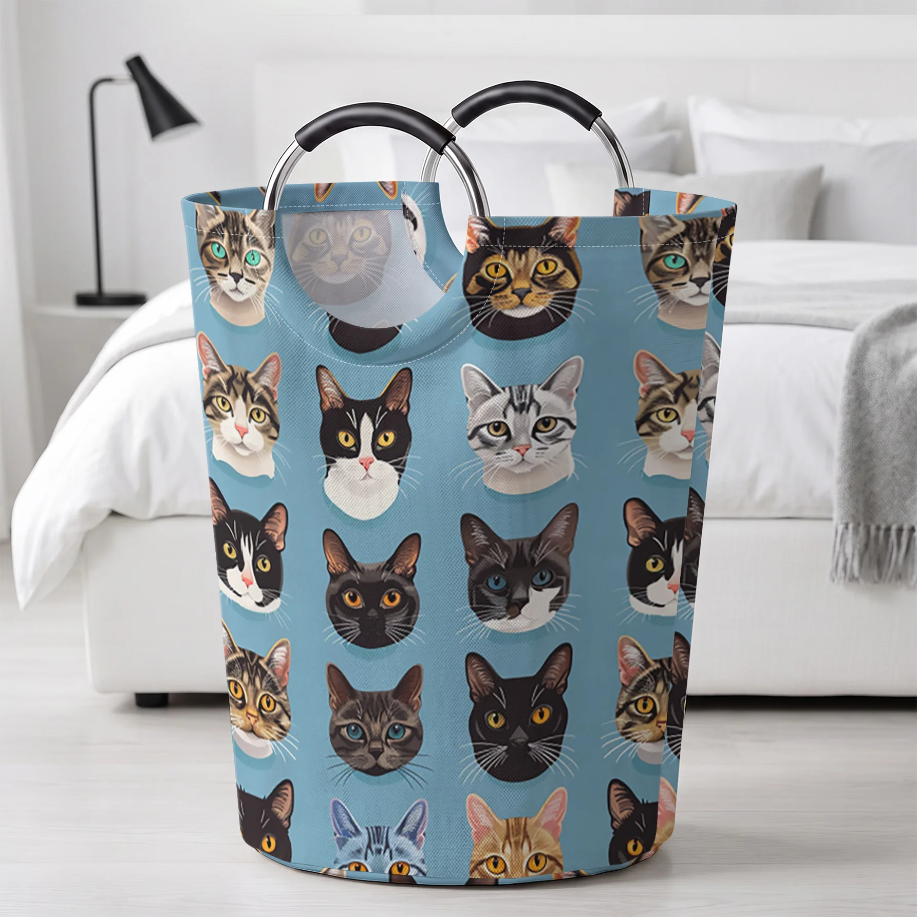 Light Blue Background Cat Portraits All‑Over Print Handheld Storage Basket, For Laundry, Bedroom & Home Sundries Storage