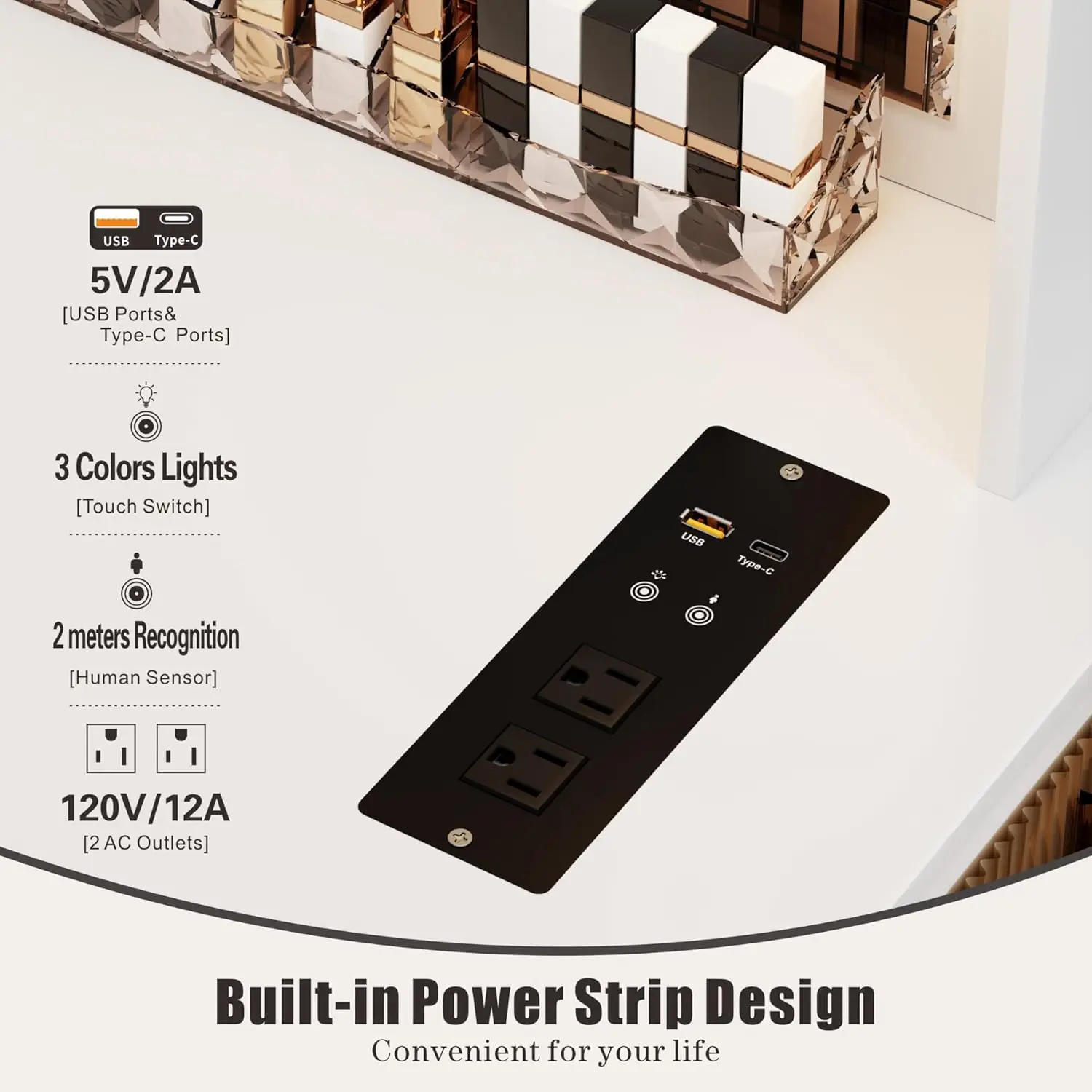 Bedroom Makeup Vanity Desk with Mirror and Lights, White, 5 Drawers, 2 Shelves, 10 Light Bulbs, USB Port, Human Sensor Design view 3