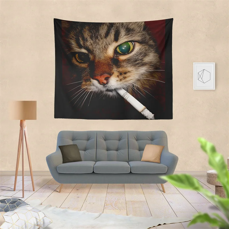 Gaslight Gatekeep Girlboss Funny Smoking Cat Meme Cigarette Kitty Gen Z Tapestry Wall Hanging Art for Bedroom Living Room Decor