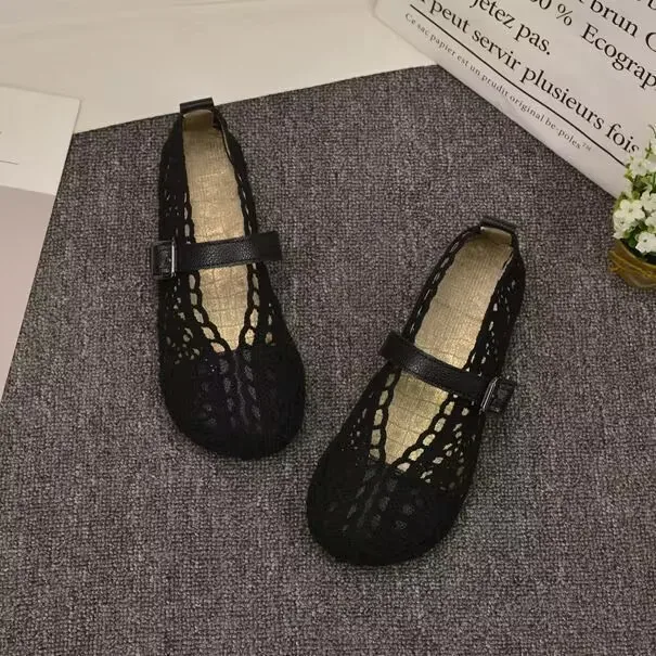 2023 New Spring Summer Flat Shoes Woman Knitted Lace Fisherman's Shoes Sweet Girls Lace Hollow Breathable Casual Shoes Loafers