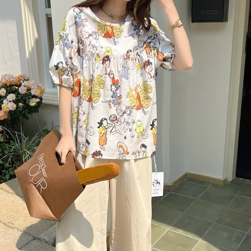 

Женская рубашка с короткими рукавами и цветочным принтом в стиле граффити, повседневная летняя рубашка-поло, свободный топ, серия Salt, ленивый внешний вид