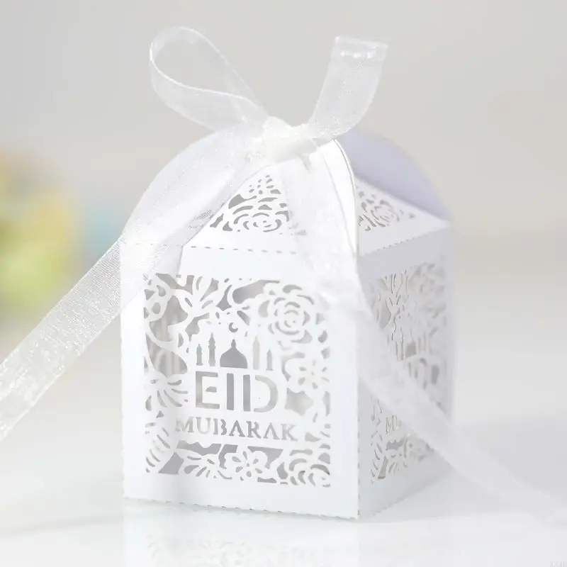 KX4B 100pcs Eid Mubarak Candy Box Hollow Rose Ramadan Kareem Gift Boxes Islamic Muslim Festival Happy Al-Fitr Eid Event Party