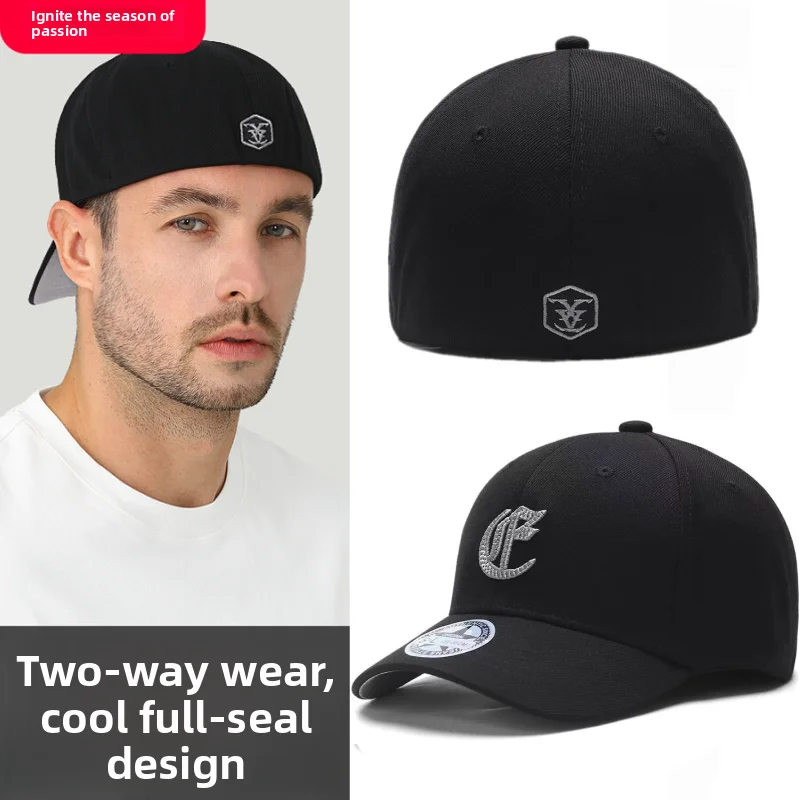 Spring Summer Men's Baseball Cap Elastic Back Closure Sun Protection Black Hat Casual Style round Top Cotton Polyester