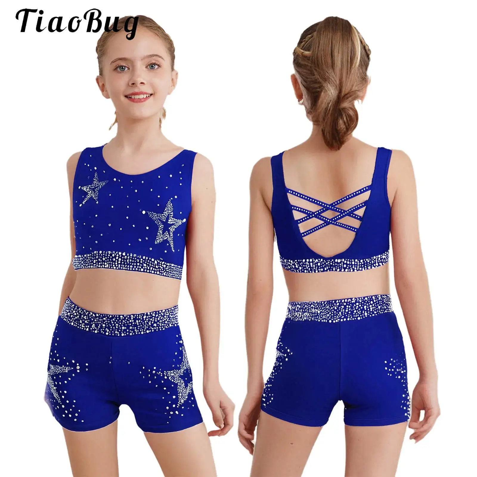 

Kids Girl Rhinestones Figure Skating Gymnastics Tumbling Shorts With Crisscross Back Crop Top Jazz Hip-hop Ballet Dance Outfits