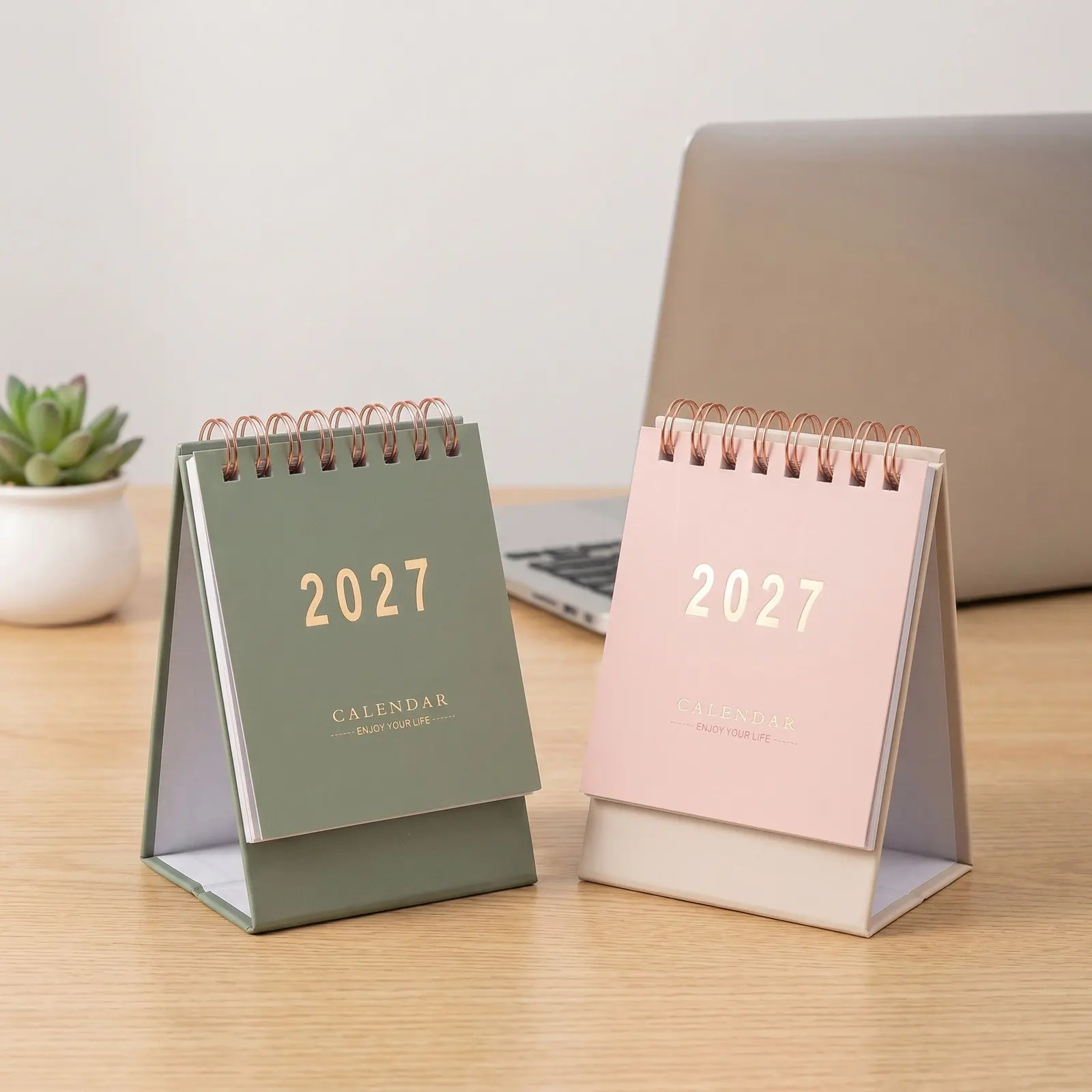 2Pcs Mini Desk Calendar 2027 Standing Flip Monthly Planner Desktop Wire Binding Office Home Work Schedule Green Pink