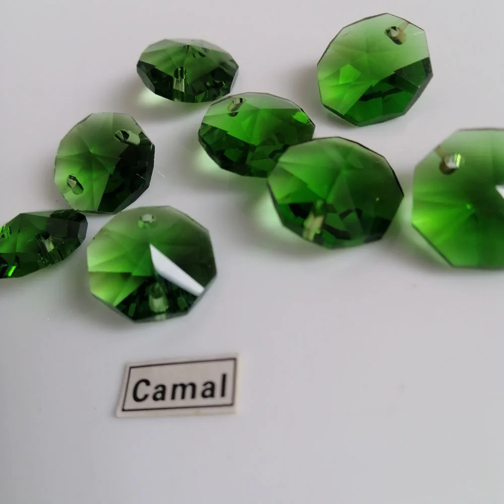 Camal 20pcs Green 14mm Crystal Octagonal Loose Beads 1/2Holes Prisms Chandelier Lighting Lamp Parts Curtain Wedding Home Decor