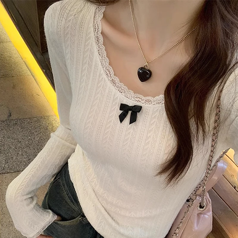 Bow Lace Trim Top Knitted O Neck Basic Casual T-shirt Women Chic Knitwear