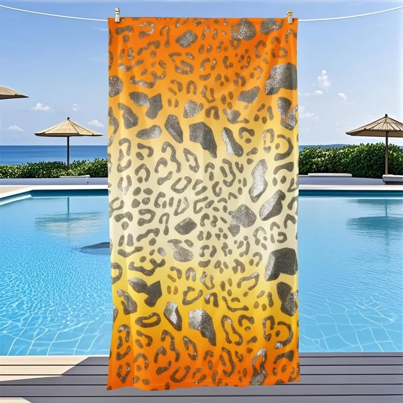 Gradient Leopard Glitter Style Orange To Cream Ombre Silver Glitter Leopard Spot Print Quick Dry Pool Beach Towel