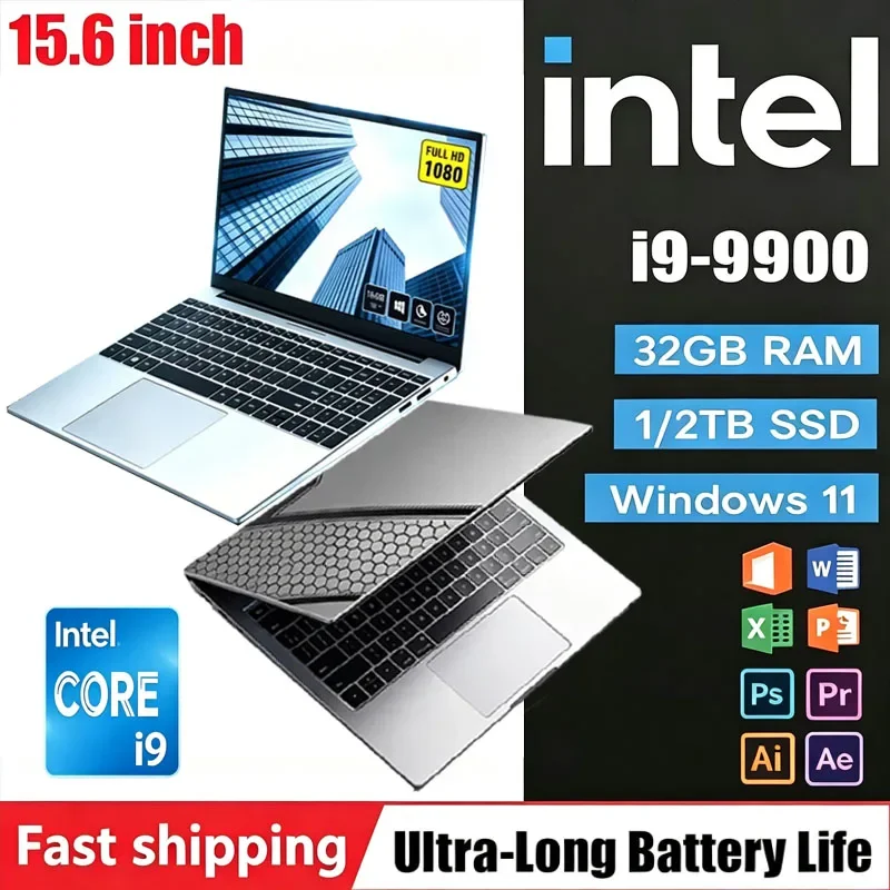 2026 15.6' Ultra Slim Laptop Intel Core I9-9900 16GB RAM 1/2TB SSD Windows 11 Fingerprint Unlock Office Game Backlight Laptop