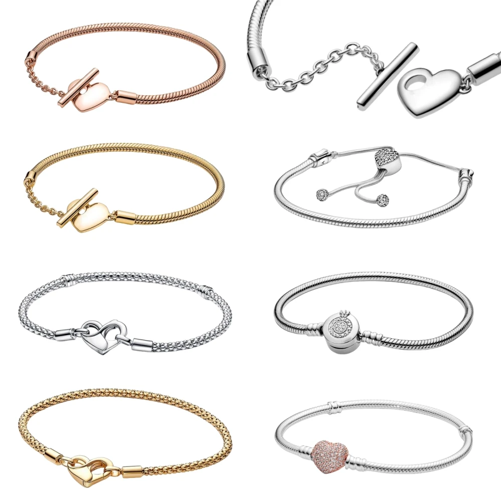 New Moments Sparkling Heart Clasp Snake Chain Moments Pavé Heart Clasp Snake Chain Slider Bracelet For Women's Jewelry