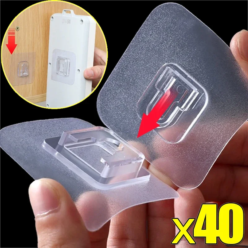 2/40PCS Strong Sticky Double-Sided Hooks Transparent Invisible Plug Socket Suckers Bathroom Kitchen Wall Mounted Storage Hooks