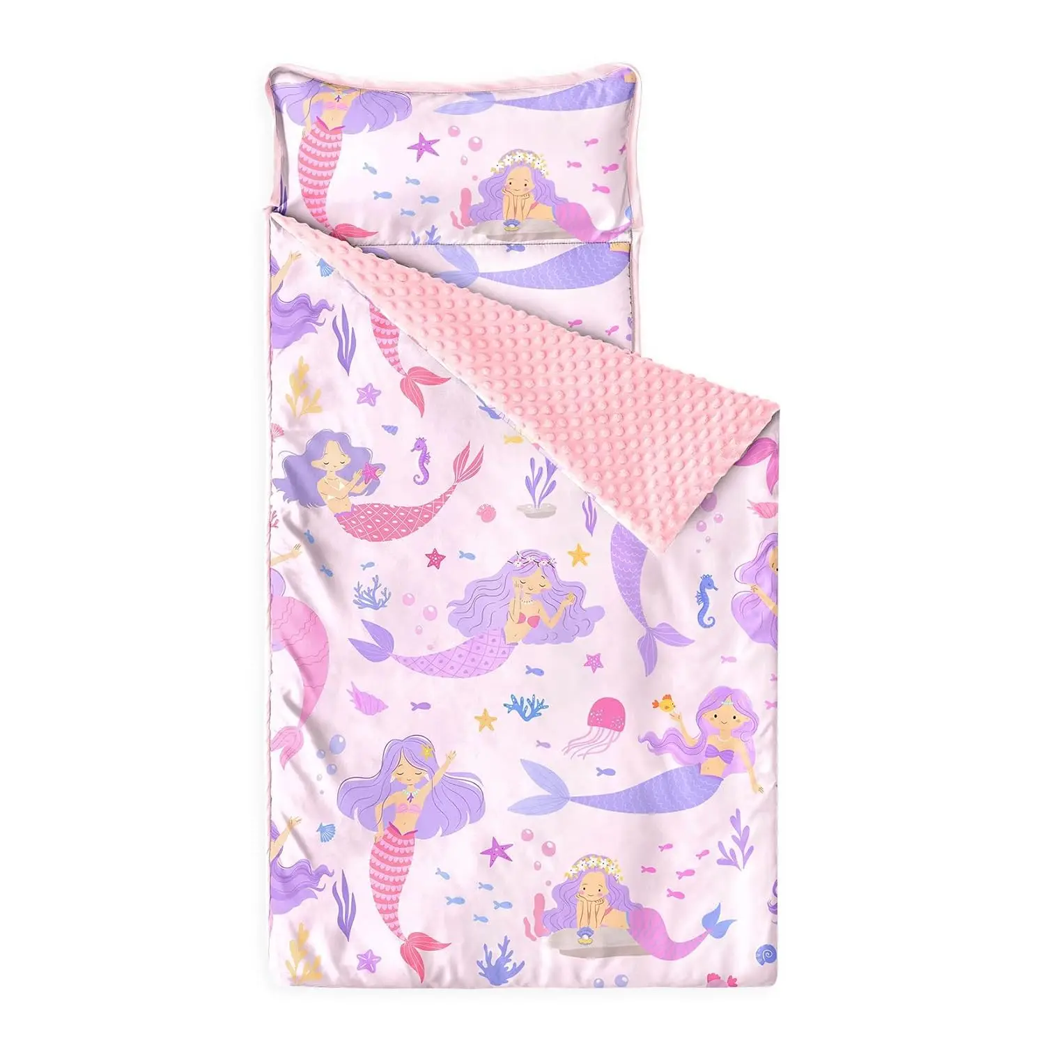 

Коврик для сна для малышей с подушкой и флисовым одеялом из микрофлиса, складной спальный мешок, дизайн с русалками и морскими животными, светло-розовый