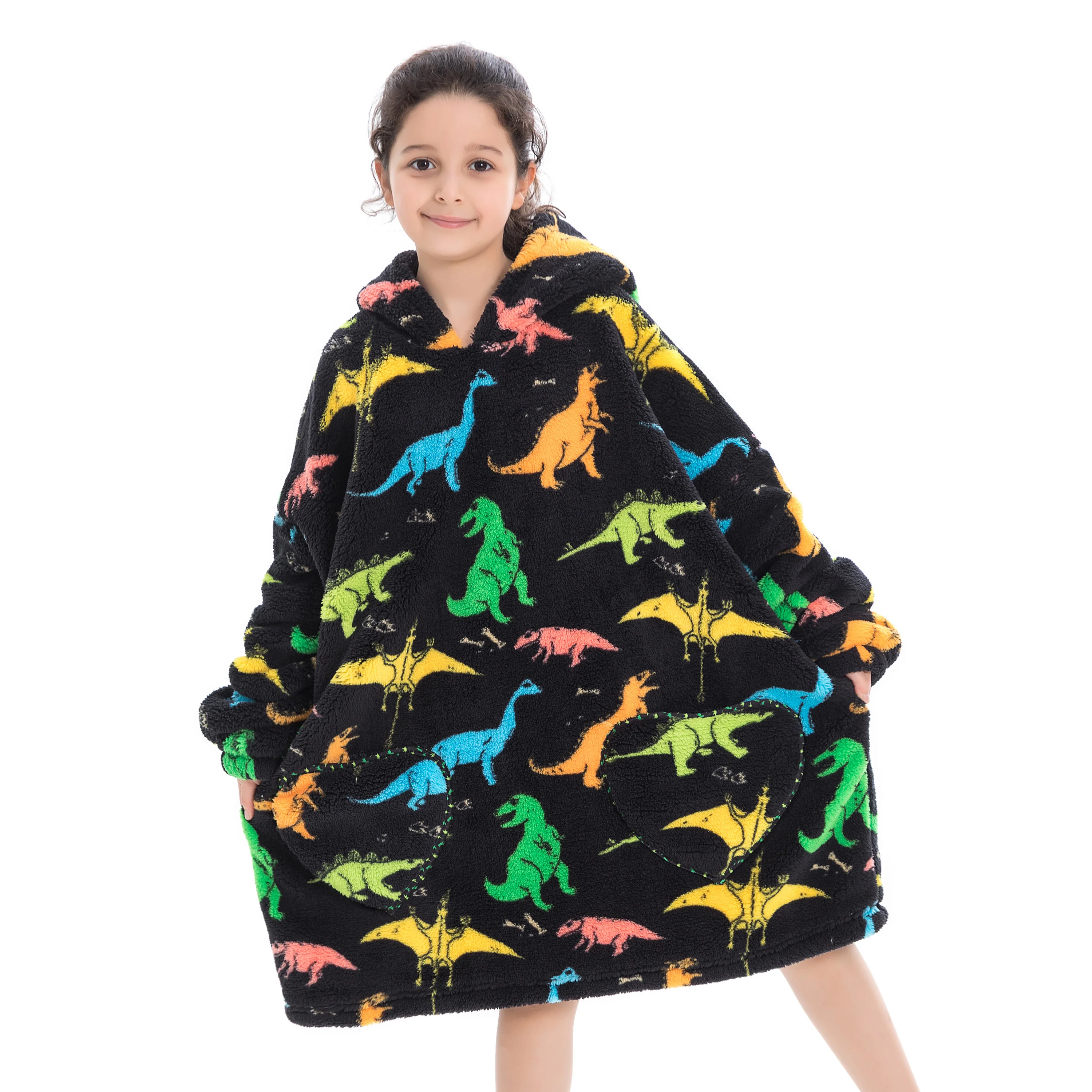 Flannel Blanket with Sleeves Winter Sweatshirt  Pullover Fleece Giant Shark Wearable Blanket Hoodie for adults kids babys