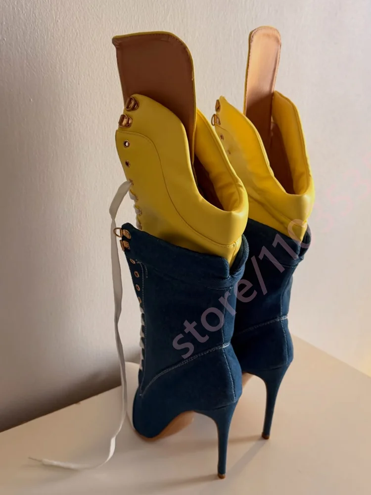 Women Color Block Denim Knee High Boots Pointed Toe Stiletto Lace Up Metal Eyelet Decor Patchwork Elegant Party Dress Long Boots